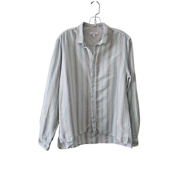 Calvin Klein White Striped Button-Down Linen Blend Shirt Size M - Picture 1 of 4